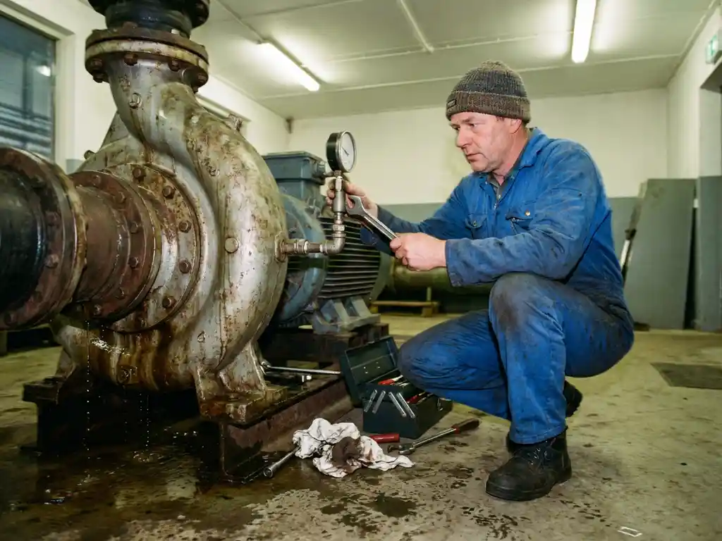 Nederlandse onderhoudstechnicus in blauwe overall past drukmeters van industriële waterpomp aan in utiliteitsbedrijf