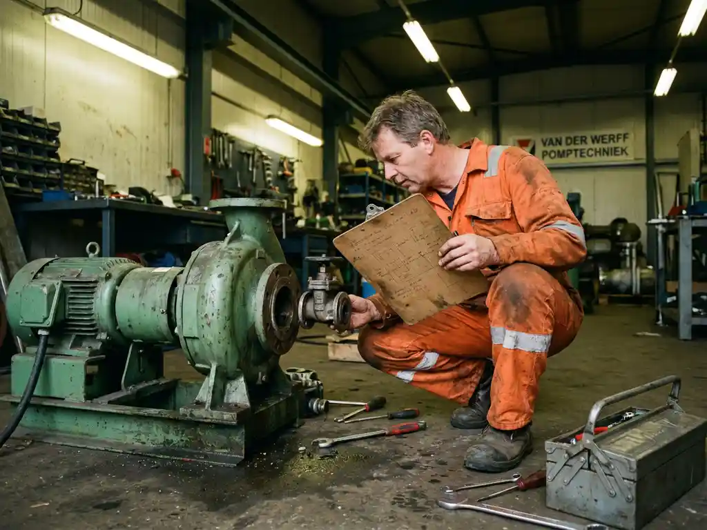 Nederlandse onderhoudsmonteur onderzoekt industriële waterpomp met klembord in Nederlandse werkplaats