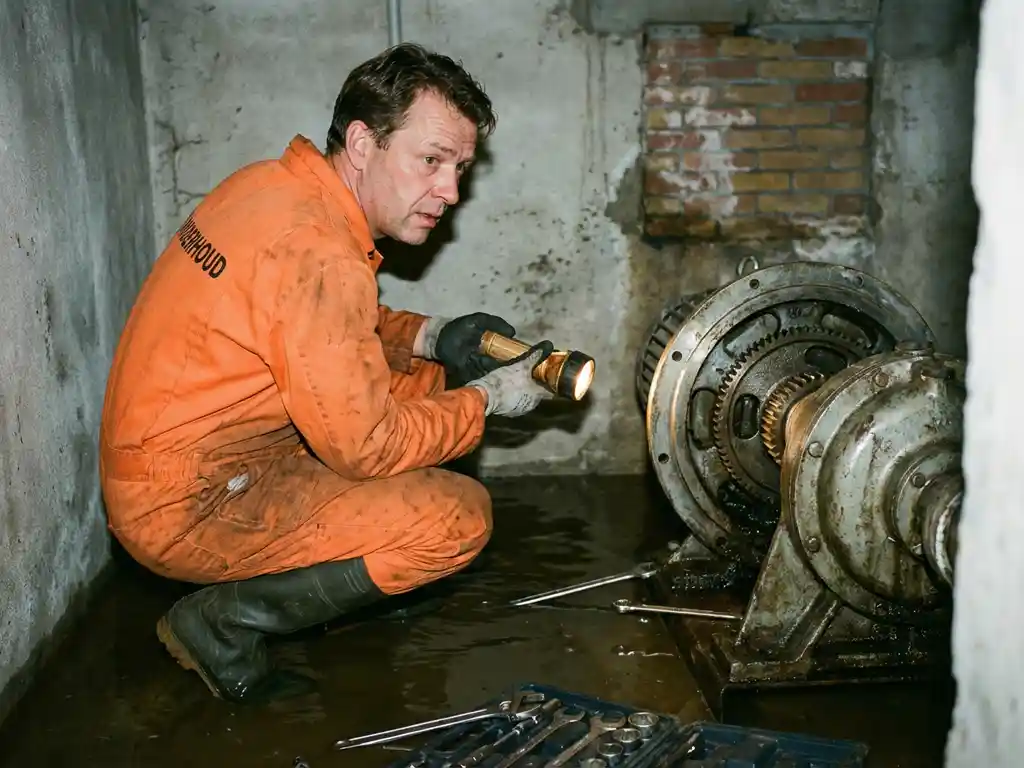 Nederlandse onderhoudstechnicus in oranje overall onderzoekt industriële waterpomp met zaklamp in overstroomde kelder
