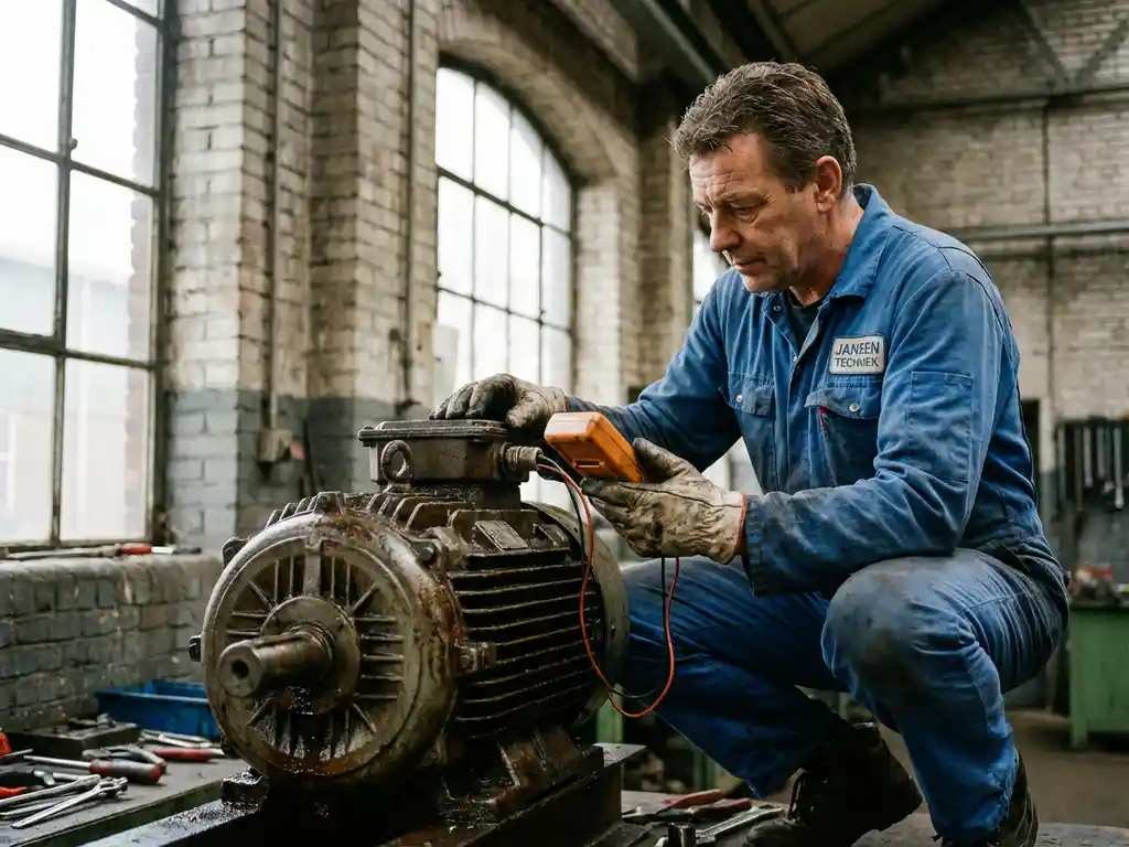 Onderhoudstechnicus inspecteert industriële elektromotor met multimeter in Nederlandse fabriek