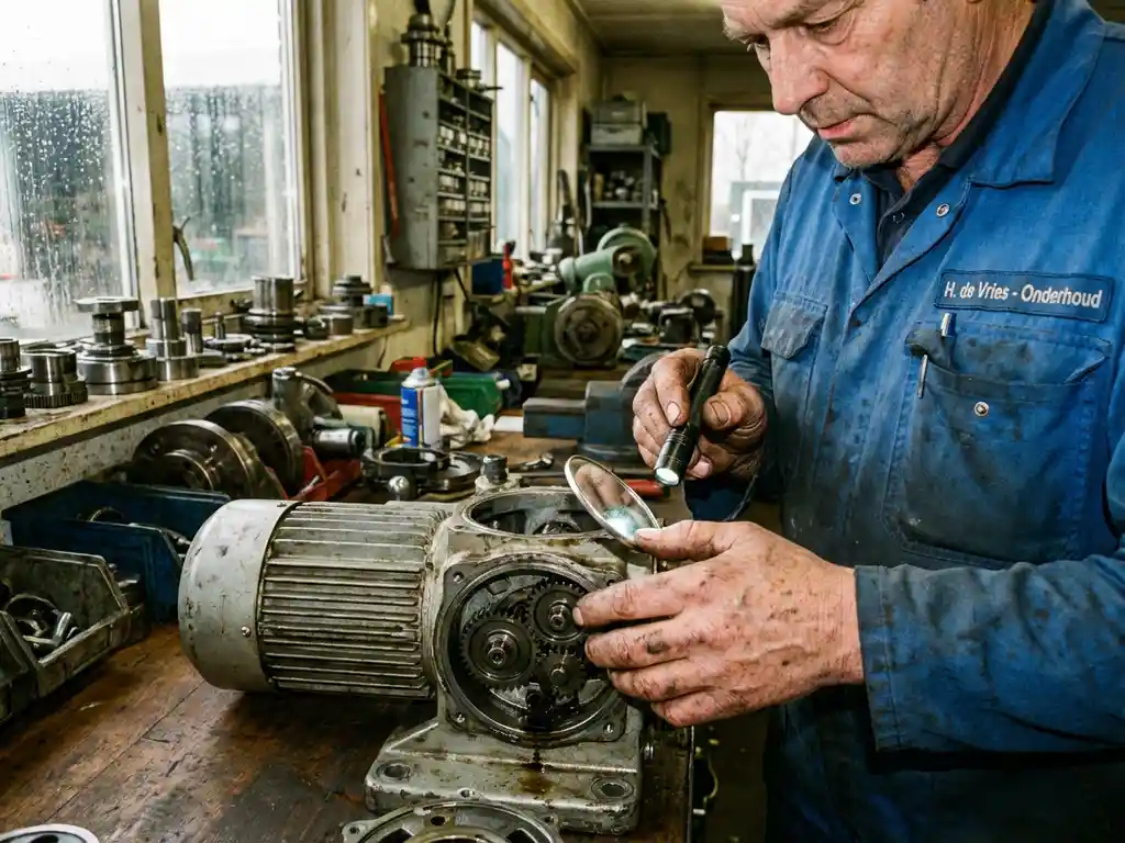 Nederlandse onderhoudstechnicus inspecteert vacuümpomp in industriële werkplaats met gereedschap en reserveonderdelen