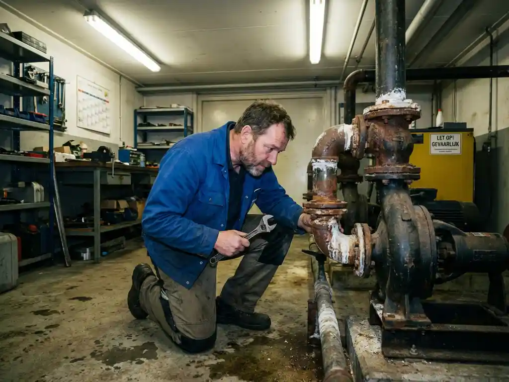Nederlandse onderhoudsmonteur onderzoekt gecorrodeerde leidingverbinding bij industriële waterpomp in utiliteitsruimte