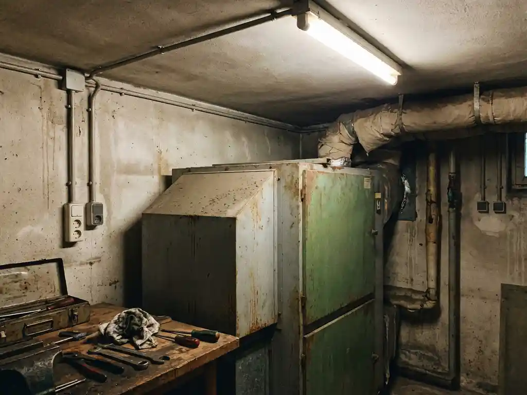 Oude luchtverwerkingseenheid met stofophoping in Nederlandse kelder met betonnen muren en onderhoudsgereedschap