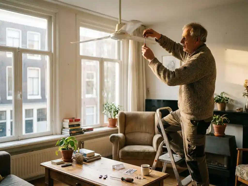 Nederlandse huiseigenaar past metalen clips aan op witte plafondventilator, gereedschap op houten tafel, zonnig interieur