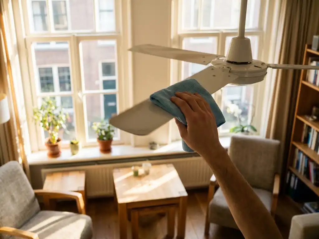 Person dusting white ceiling fan blade with microfiber cloth in sunny Dutch living room with plants and wooden furniture