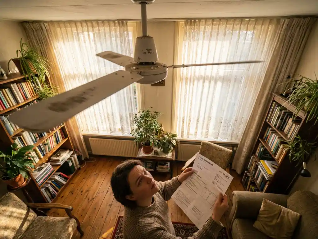 Bezorgde huiseigenaar kijkt omhoog naar wiebelende plafondventilator terwijl hij elektriciteitsrekening vasthoudt