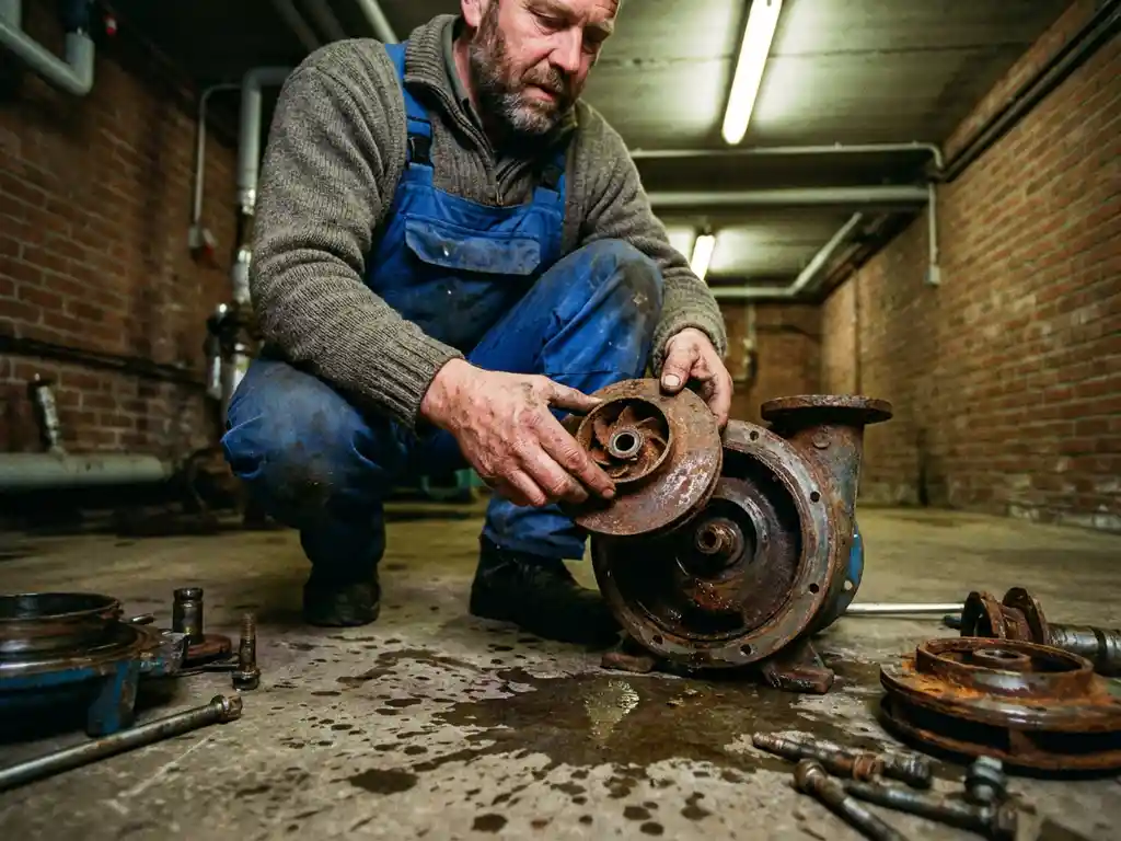 Nederlandse technicus onderzoekt gecorrodeerde pomp onderdelen in industriële kelder met bakstenen muren