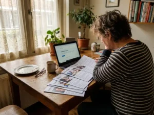 Persoon vergelijkt folders van bijlesbedrijven aan keukentafel met laptop, koffie en leesril in Nederlandse woning