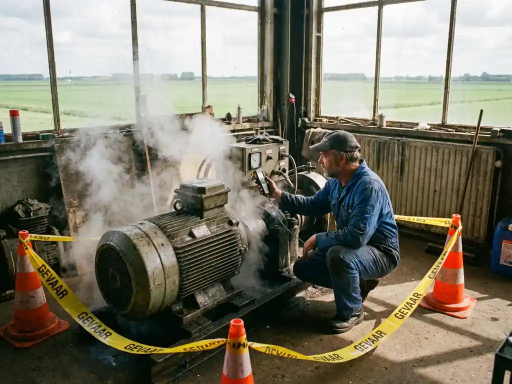 Nederlandse technicus in blauwe overall controleert oververhitte elektromotor in industriële werkplaats met veiligheidskegels