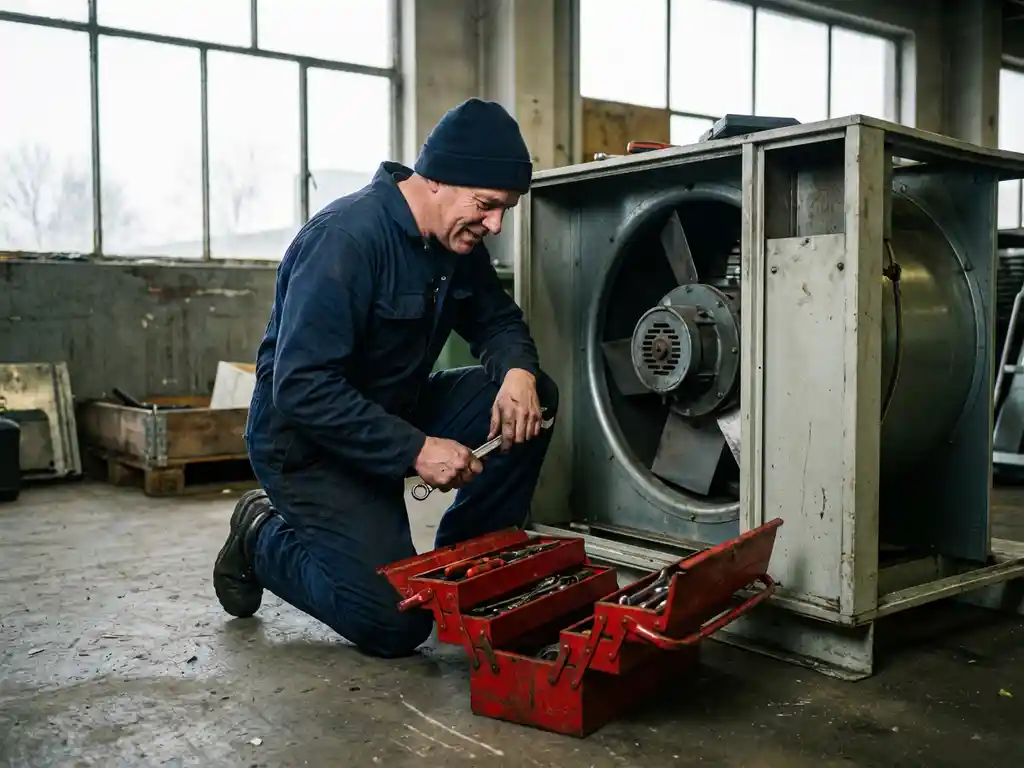 Nederlandse technicus repareert industriële ventilator in magazijn met gereedschap, daglicht door ramen zichtbaar