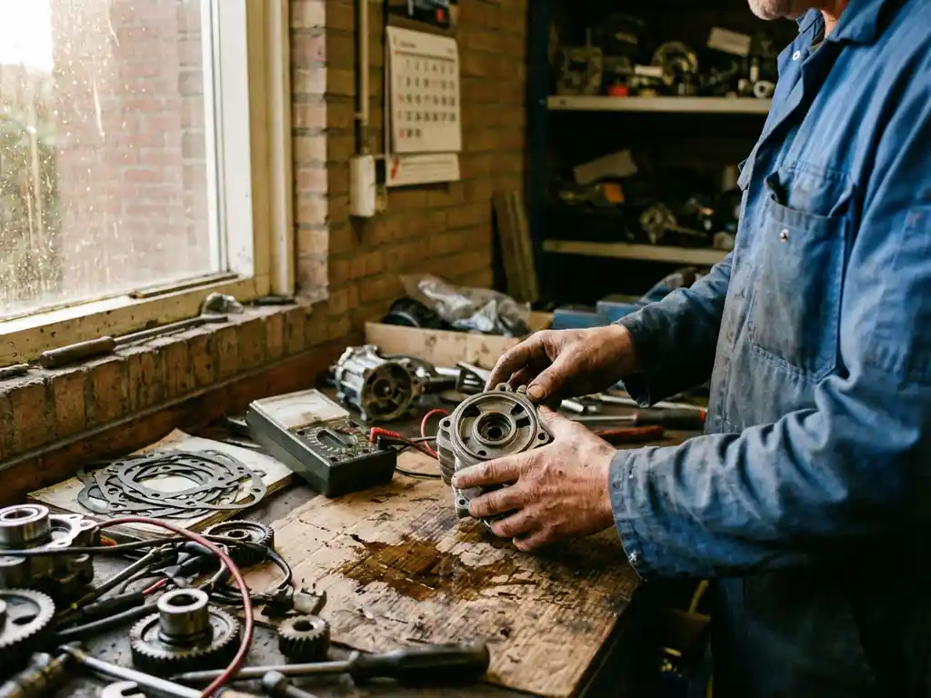 Technicus onderzoekt vacuümpomp onderdelen op werkbank in Nederlandse garage met gereedschap en reserveonderdelen