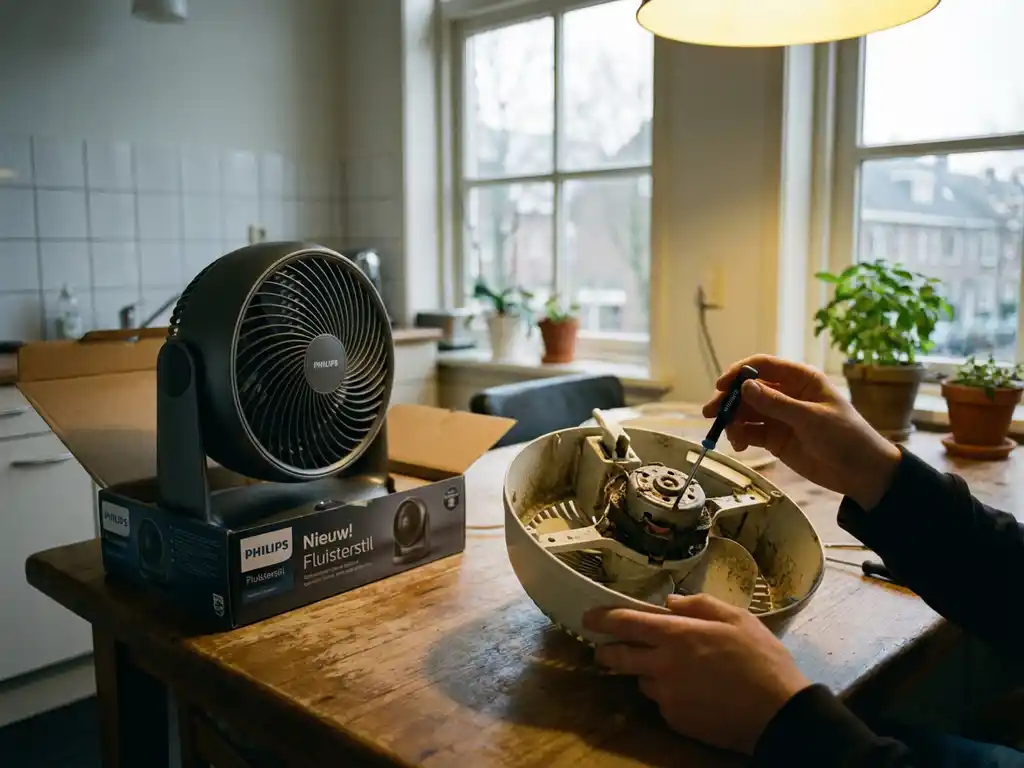 Persoon repareert kapotte ventilator met schroevendraaier op keukentafel, nieuwe ventilator in doos ernaast