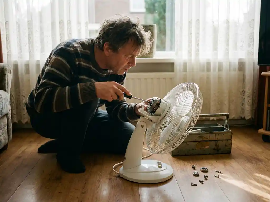 Huiseigenaar repareert kapotte ventilator met schroevendraaier, metalen kogellagers op houten vloer in Nederlandse woonkamer