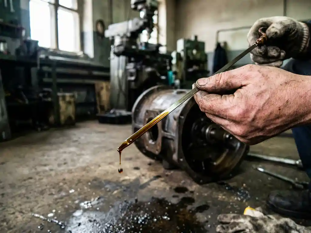 Monteur houdt oliepeiler met donkere olie uit versnellingsbak in industriële werkplaats met natuurlijk licht