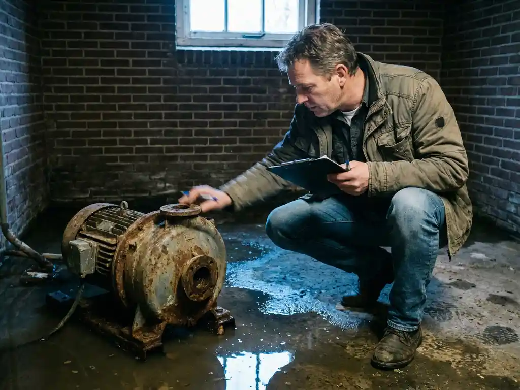 Verzekeringsexpert onderzoekt waterschade aan pomp in overstroomde kelder met bakstenen muren