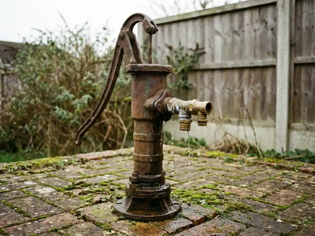 Versleten waterpomp lekt druppels in Nederlandse achtertuin met rode bakstenen en houten hek