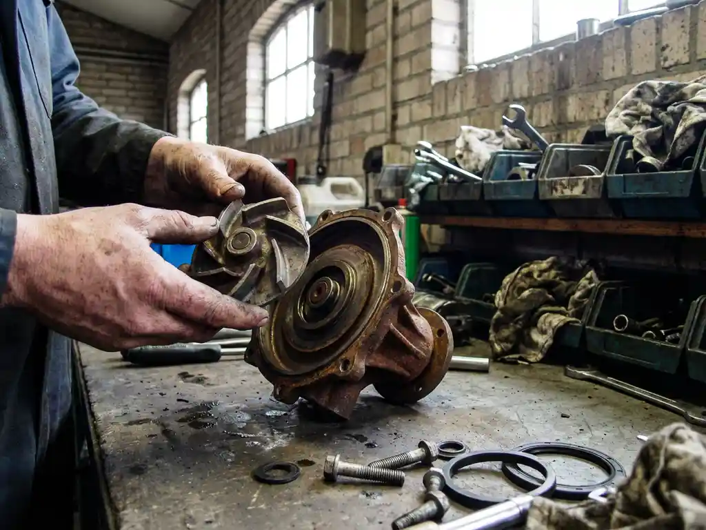 Monteur houdt beschadigde waterpomp impeller vast in Nederlandse garage werkplaats met gereedschap en onderdelen