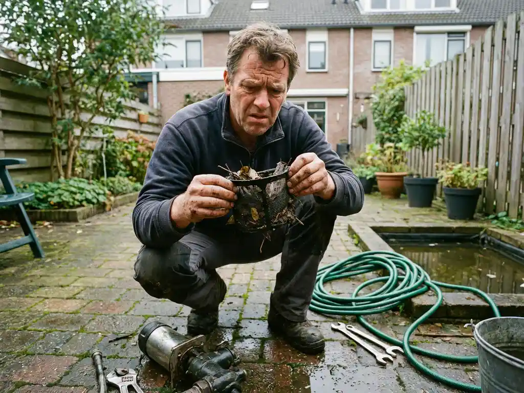 Nederlandse eigenaar onderzoekt verstopte waterpomp filter in achtertuin, pomp gedemonteerd op natte bakstenen