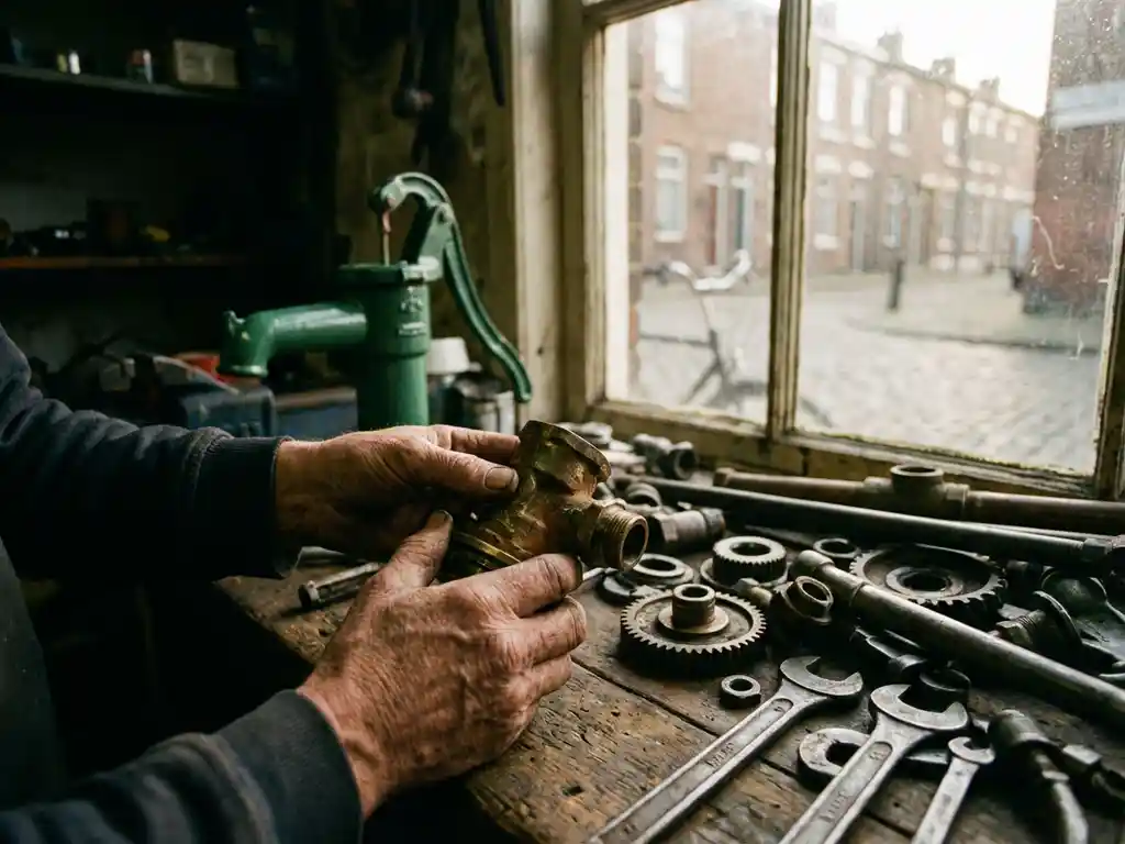 Nederlandse ambachtsman inspecteert gedemonteerde waterpomp op werkbank in garage met gereedschap en reservepomp op achtergrond