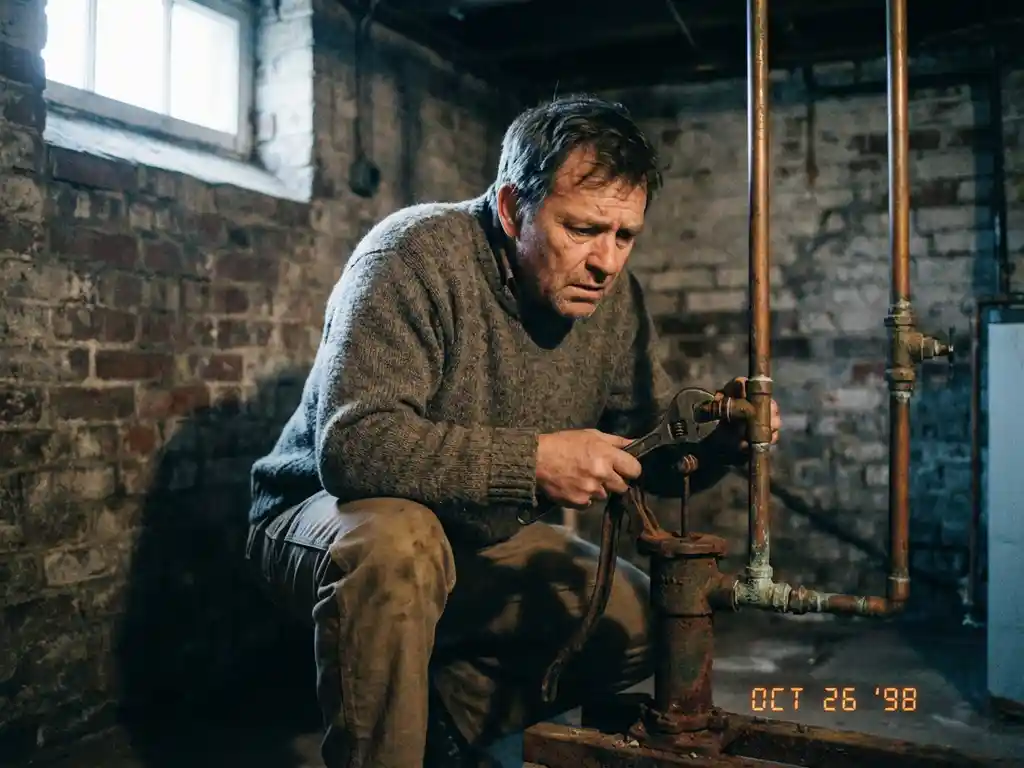 Nederlandse huiseigenaar onderzoekt kapotte waterpomp in kelder met bakstenen muren en gecorrodeerde leidingen