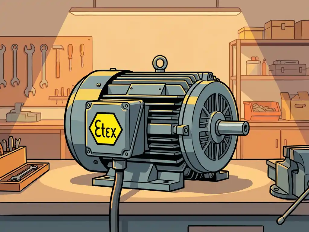 ATEX-gecertificeerde industriële elektromotor in staalgrijs en veiligheidseel, geïllustreerd in een nette werkplaats met warm oranje lichtaccenten.