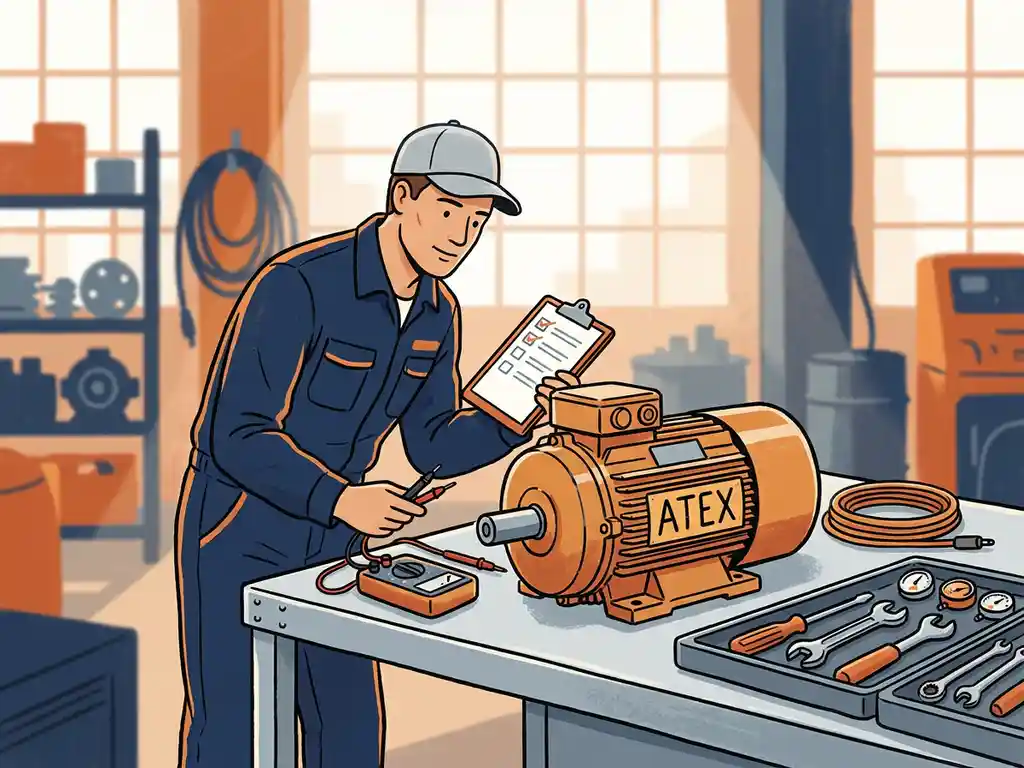 Technicus inspecteert ATEX-gecertificeerde elektromotor op werkbank met klembord en gekalibreerde meetinstrumenten.
