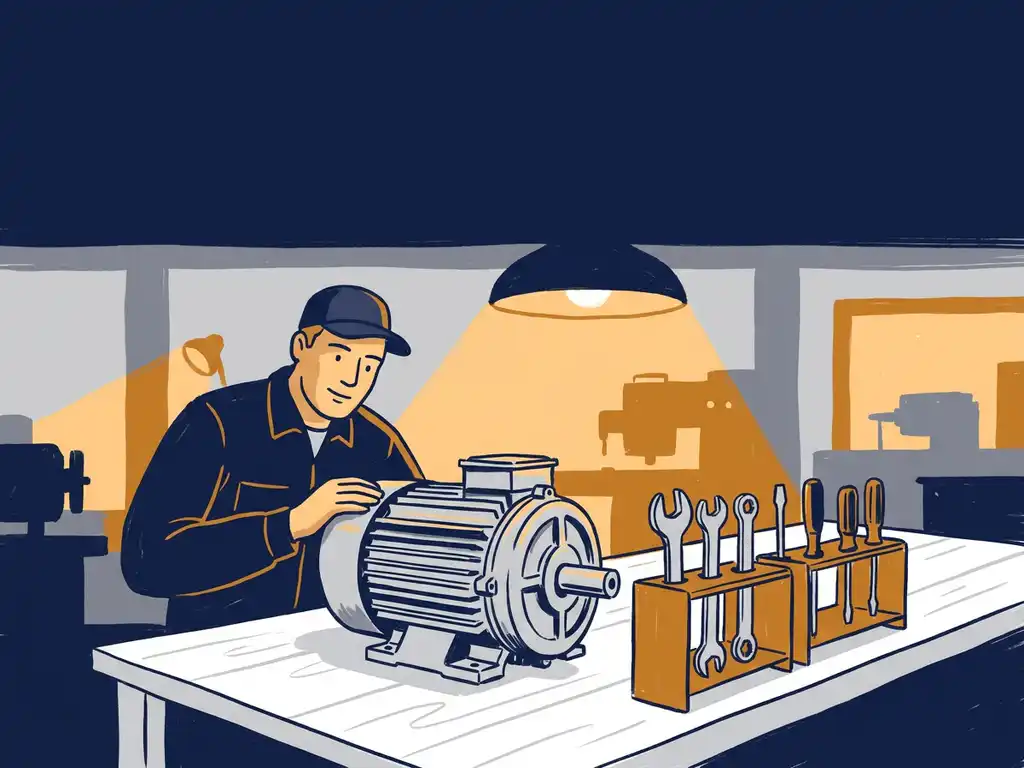 Technicus repareert ATEX-gecertificeerde elektromotor op werkbank in industriële omgeving met gereedschap netjes uitgestald.