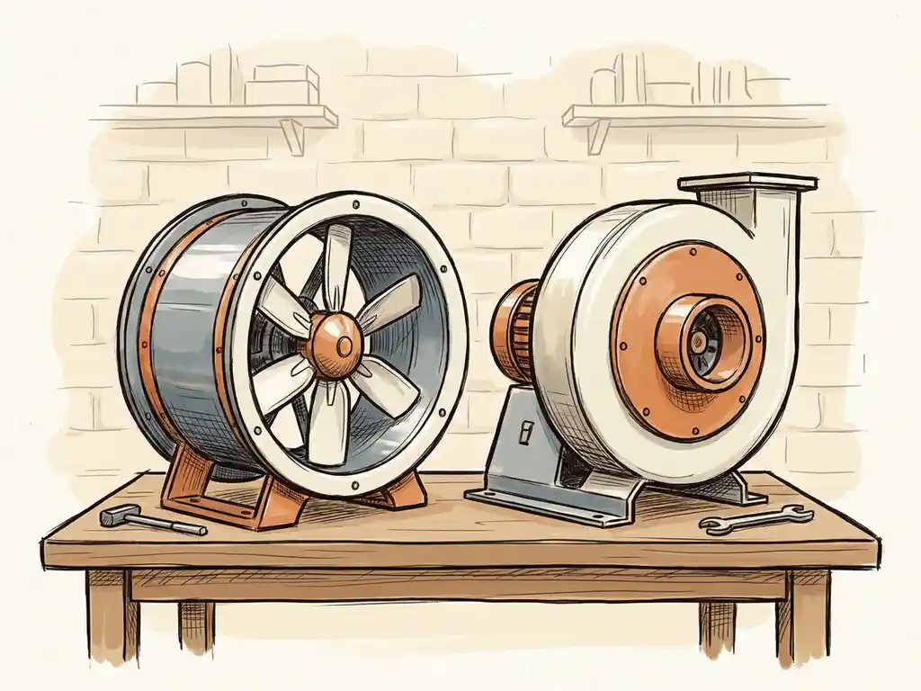 Axiale ventilator en centrifugaalventilator naast elkaar op een werkbank, handgetekende illustratie in staalgrijs en oranje tinten.