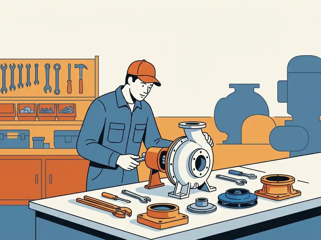 Monteur demonteert centrifugaalpomp op werkbank, met waaier en behuizing uitgestald, in industriële werkplaats.