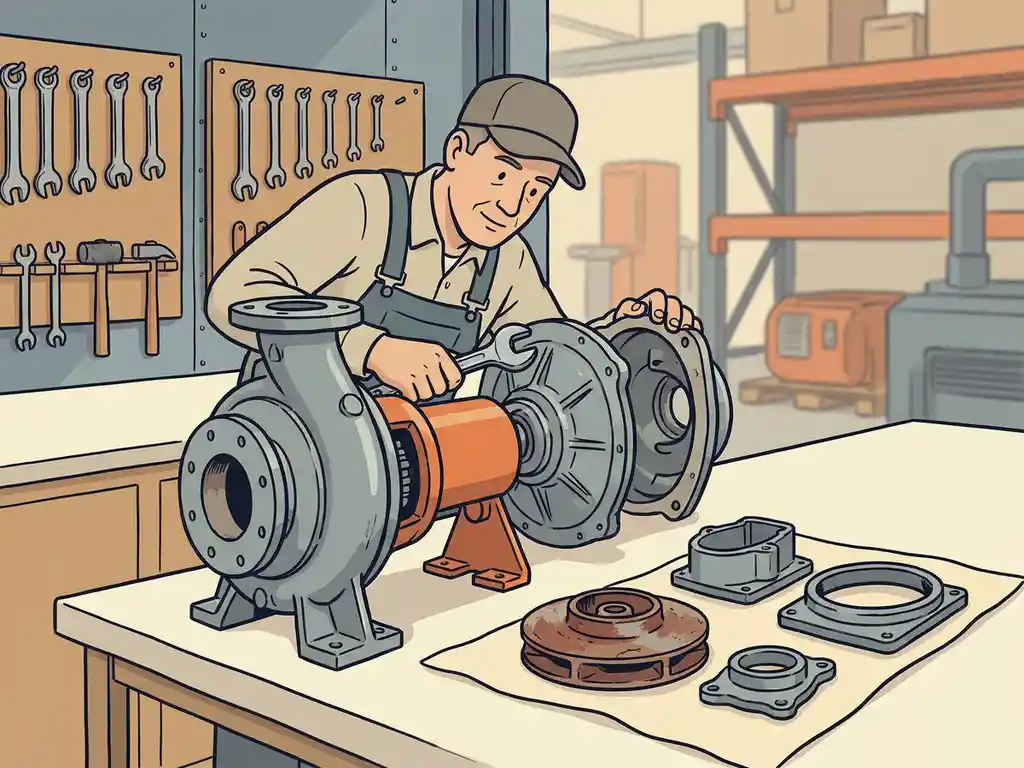 Technicus demonteert grote centrifugaalpomp op werkbank, met versleten impeller en pompbehuizing onderdelen uitgestald.