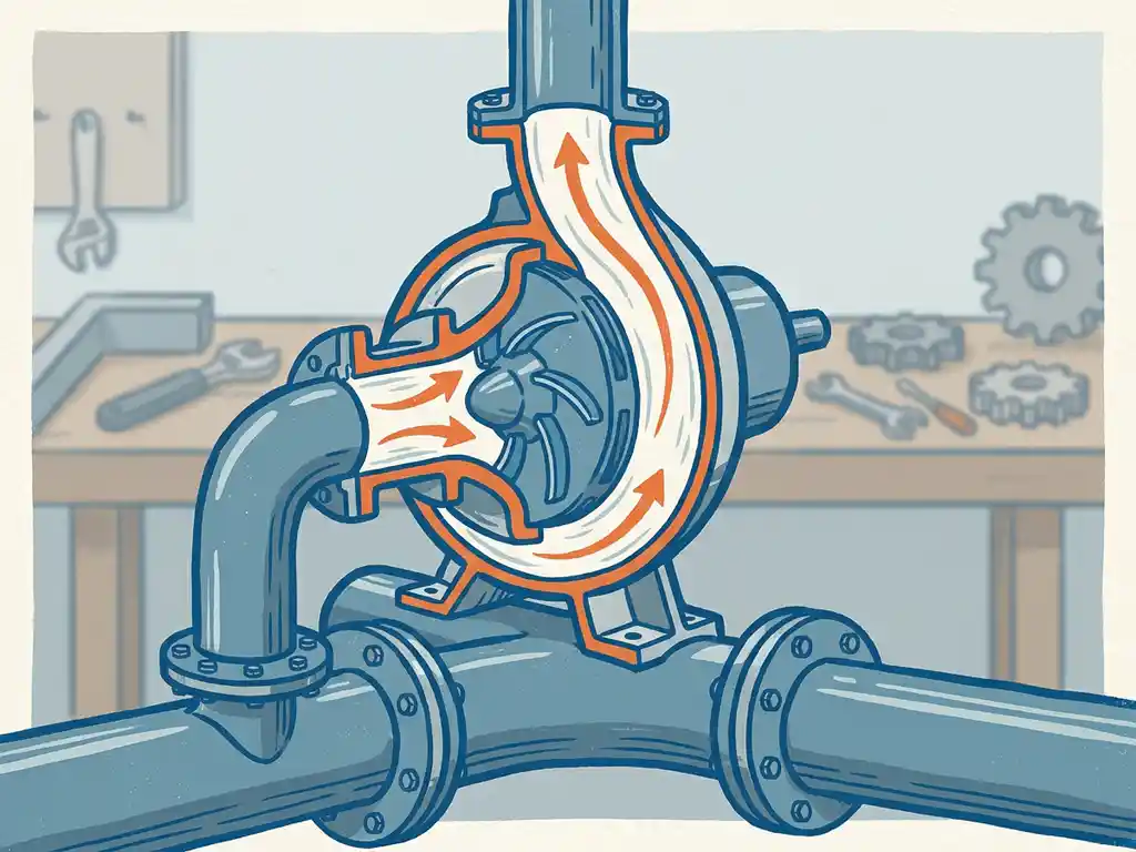 Doorsnede-illustratie van een centrifugaalpomp met zichtbare schoepen, stroomlijnen en industrieel leidingsysteem in staalblauwe en oranje tinten.