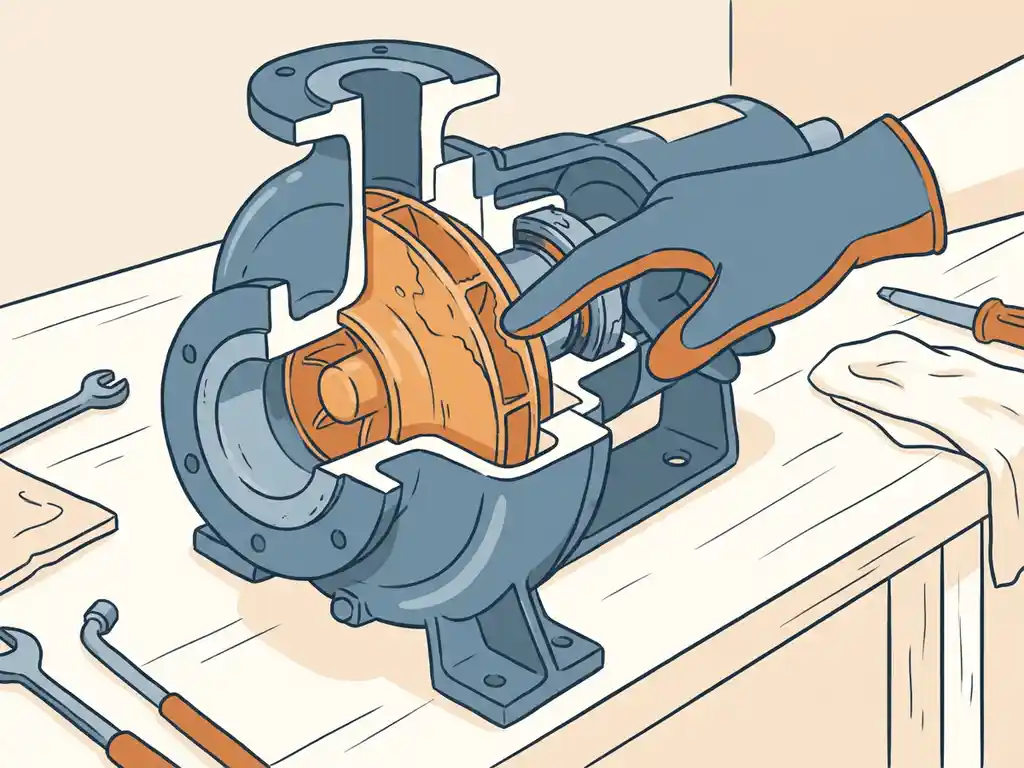 Doorsnede-illustratie van een centrifugaalpomp met versleten impellerbladen, terwijl een technicus in handschoen een slijtagecomponent aanwijst.