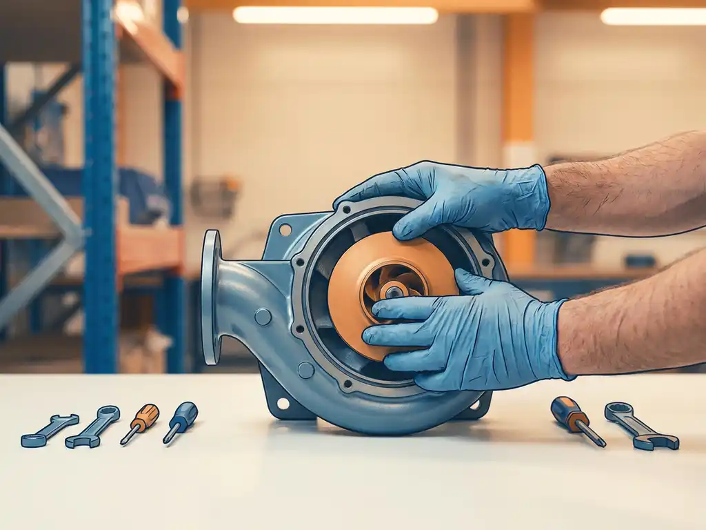 Technicus inspecteert demontagede centrifugaalpomp op werkbank, zichtbaar waaierrad en gereedschap, industriële werkplaats.