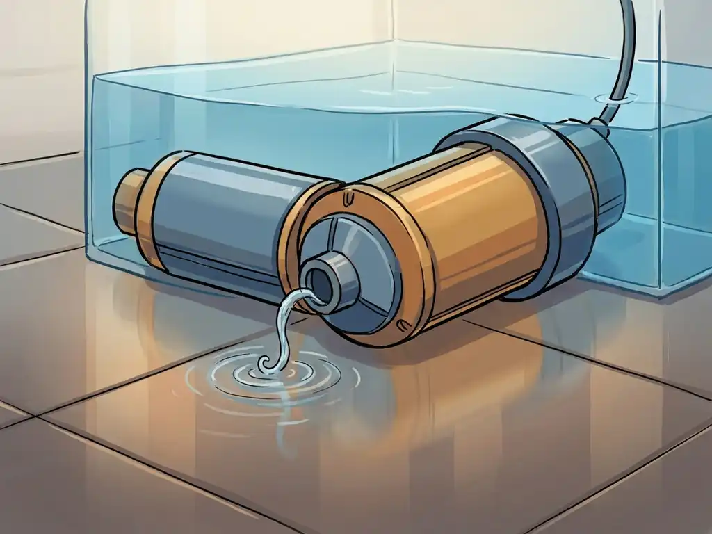 Dompelpomp onder water met zichtbaar lekkende afdichting, zachte rimpelingen en warme amber- en staalblauwe tinten.
