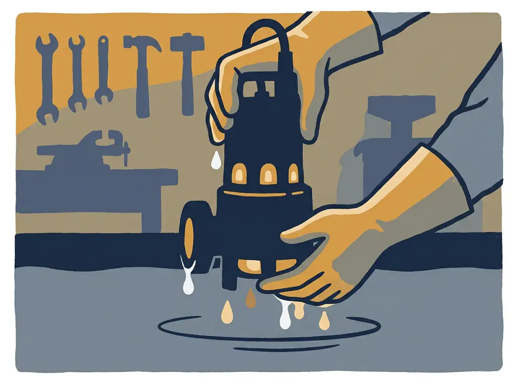 Dompelpomp die met gehandschoende handen uit een waterbassin wordt getild, waterdruppels in zacht licht.