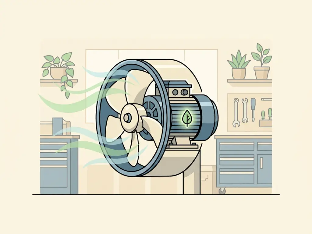 Industriële ventilator met EC-motor in werkplaats, met gestileerde luchtstroombanen en groen blad als symbool voor energiebesparing.