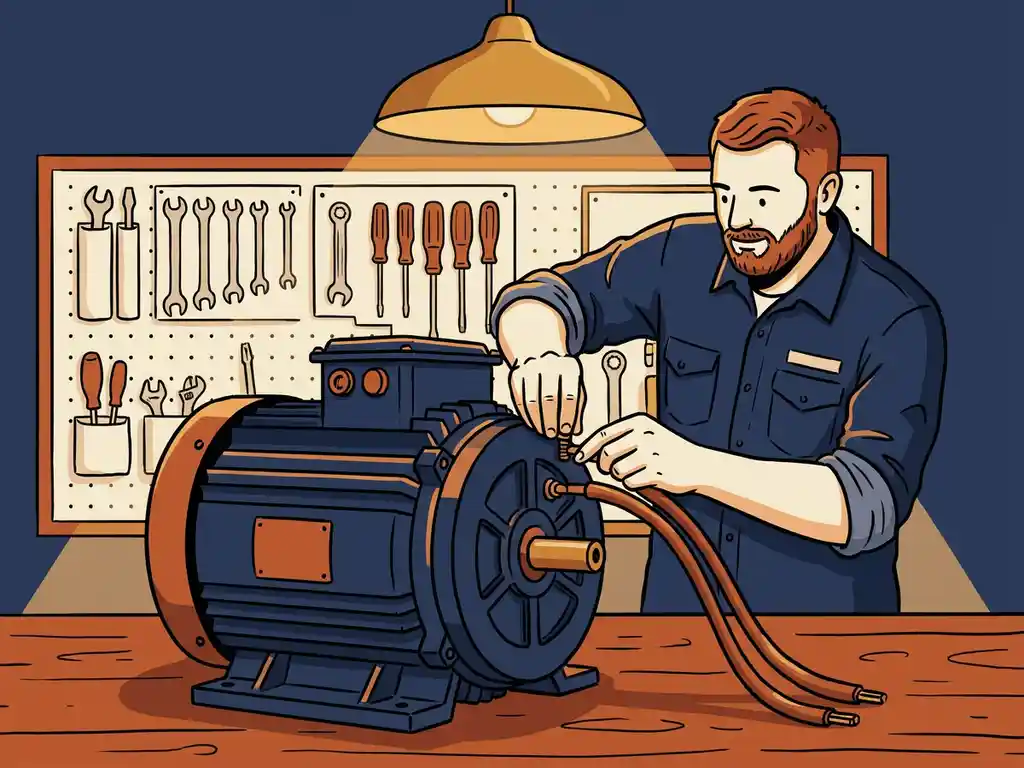 Technicus sluit dikke koperen kabelklemmen aan op een industriële elektromotor in een overzichtelijke werkplaats.