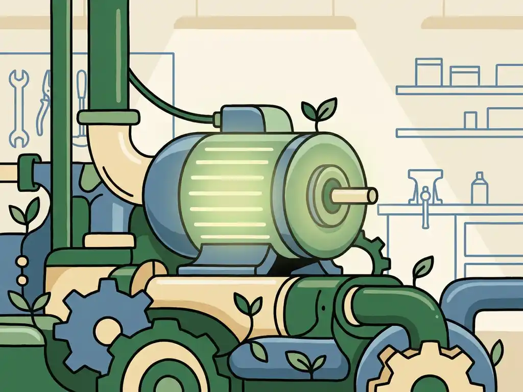 Energiezuinige elektromotor met groene gloed tussen industriële pijpen en tandwielen, bladaccenten symboliseren duurzaamheid.