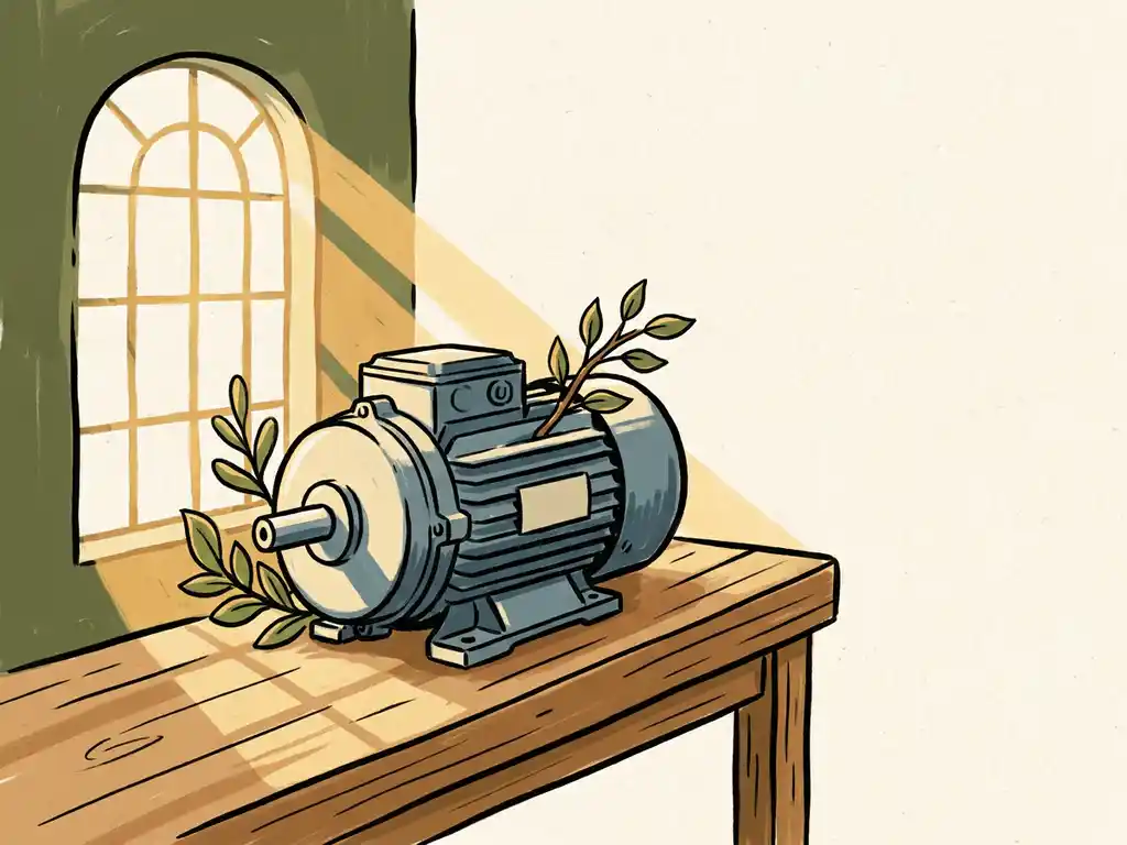 Compacte industriële elektromotor op werkbank met groene takjes tegen de behuizing, warm zonlicht vanuit fabrieksraam.