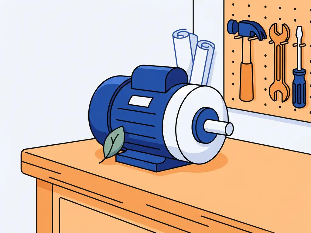 Elektrische motor op een werkbank met een groen blaadje tegen de behuizing, omringd door gereedschap in blauw en oranje tinten.