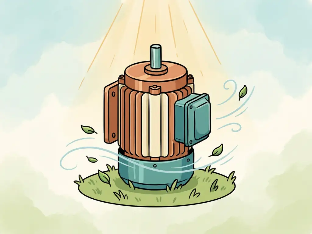 Geïllustreerde elektrische motor op een grasperkje met groene bladeren en windlijnen, zachte blauwe en groene achtergrond.