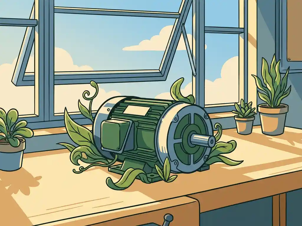 Compacte elektrische motor op werkbank omgeven door groene planten, met blauw lucht zichtbaar door een open industrieel raam.