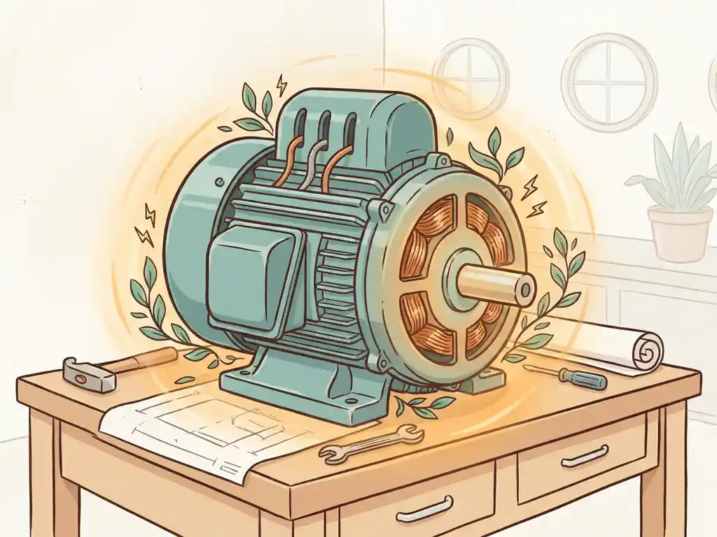 Industriële elektromotor op werkbank met groene bladeren en bliksemschichten, symbolen voor energie-efficiëntie, warme gouden gloed.