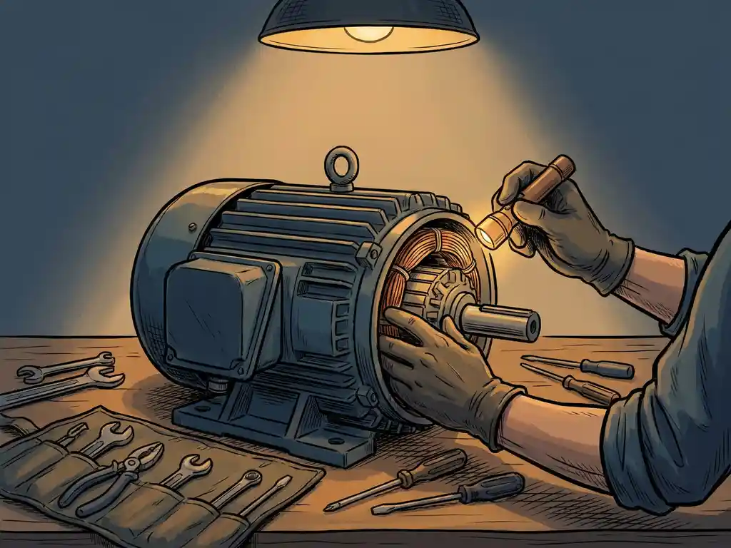 Technicus inspecteert koperen wikkelingen van een grote industriële elektromotor met zaklamp op werkbank.