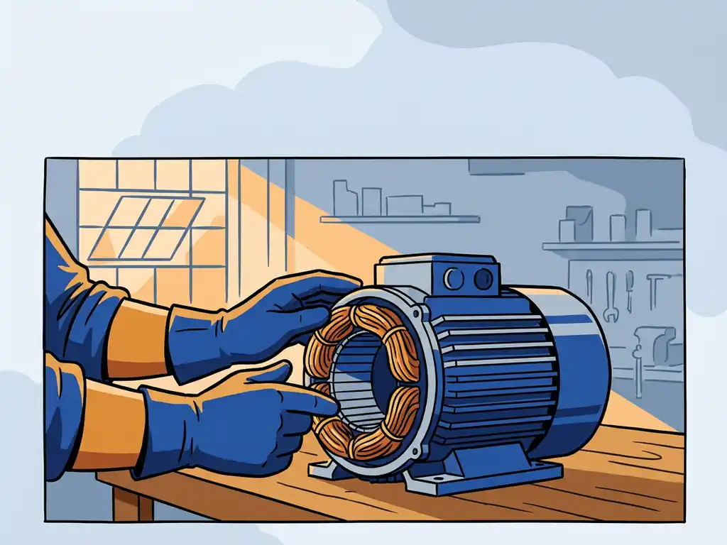 Technicus inspecteert koperen wikkelingen van een industriële elektromotor op een werkbank in zachte fabrieksverlichting.
