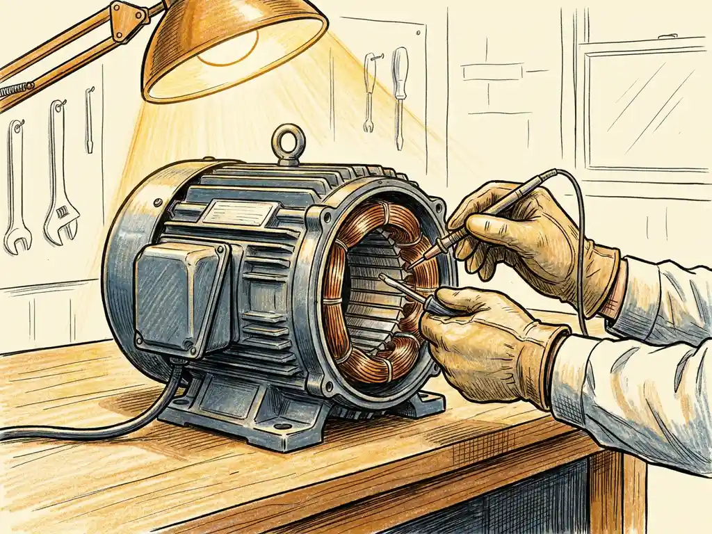 Technicus inspecteert wikkelingen van industriële elektromotor op werkbank in warme atelierverlichting.