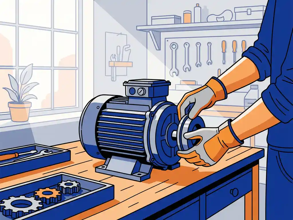 Technicus inspecteert en upgradet een elektrische motor op een nette werkbank in een industriële werkplaats.