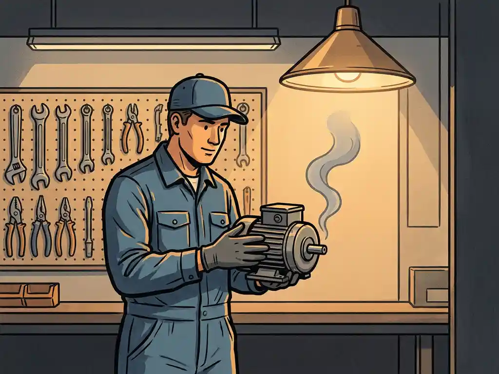 Technicus in werkoverall houdt rokende elektrische motor vast in een nette industriële werkplaats met gereedschap aan pegboard.
