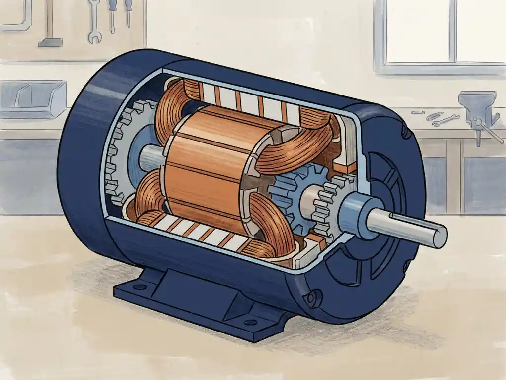 Doorsnede-illustratie van een elektromotor met zichtbare rotor en koperen wikkelingen in marineblauw en warmkoper.