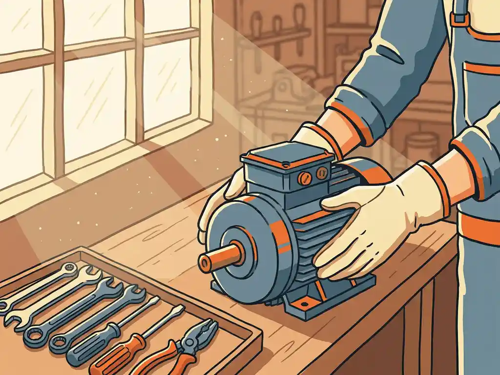 Technicus plaatst compacte industriële elektromotor op werkbank met gereedschap, warme natuurlijke belichting, illustratiestijl.